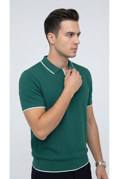 Erkek Pike Dokulu Triko Polo Yaka Tişört Slim Fit Şerit Detaylı Yazlık Model - Yeşil