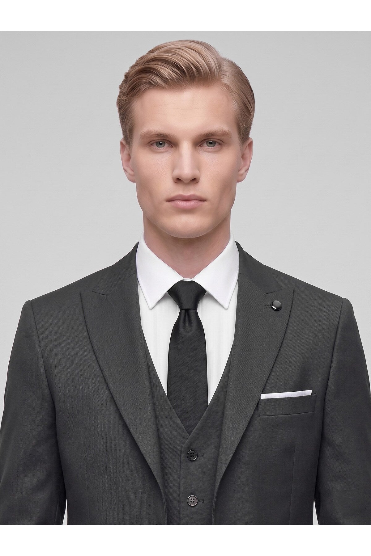 Erkek 3 Parça Slim Fit Çift Yırtmaçlı Takım Elbise Yelekli Şık Klasik Takım 6 Drop - Siyah