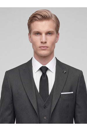 Erkek 3 Parça Slim Fit Çift Yırtmaçlı Takım Elbise Yelekli Şık Klasik Takım 6 Drop - Siyah