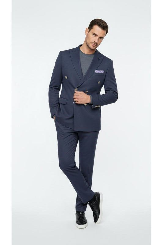 Erkek Kruvaze Gold Düğmeli Dokulu Likralı Kumaş Blazer Ceket – Modern Kesim Şık Tasarım - Lacivert