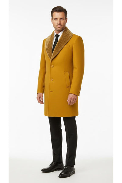 Erkek Uzun Kaşe Kaban – Çıkartılabilir Kürk Yaka, Astarlı ve Cepli Slim Fit Mont - Sarı