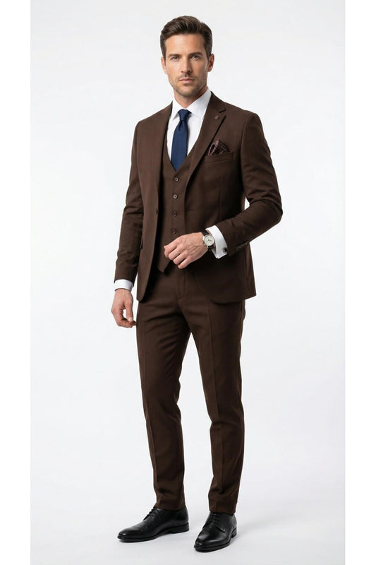 Erkek 3 Parça Slim Fit Takım Elbise –Klasik Likralı Kumaş, Tek Düğme, Çift Yırtmaçlı Modern Kesim ( - Kahverengi