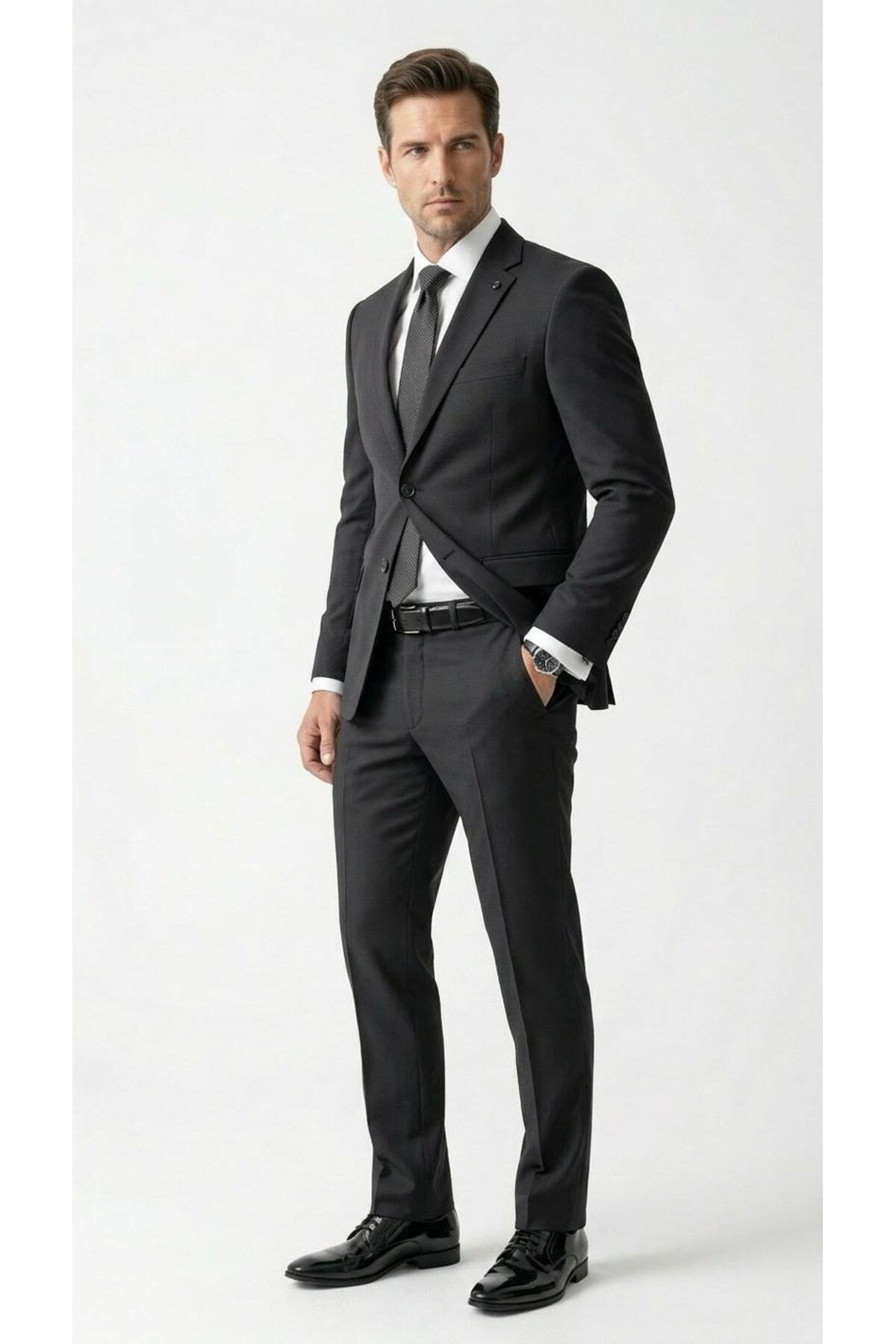Erkek Klasik 2’li Takım Elbise 2 Düğmeli Slim Fit Esnek Kumaş Çift Yırtmaçlı 7 Drop - Siyah