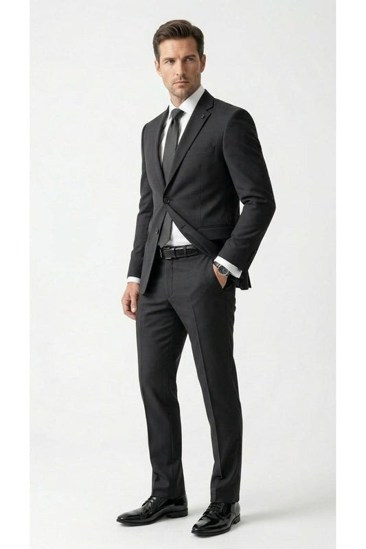 Erkek Klasik 2’li Takım Elbise 2 Düğmeli Slim Fit Esnek Kumaş Çift Yırtmaçlı 7 Drop - Siyah