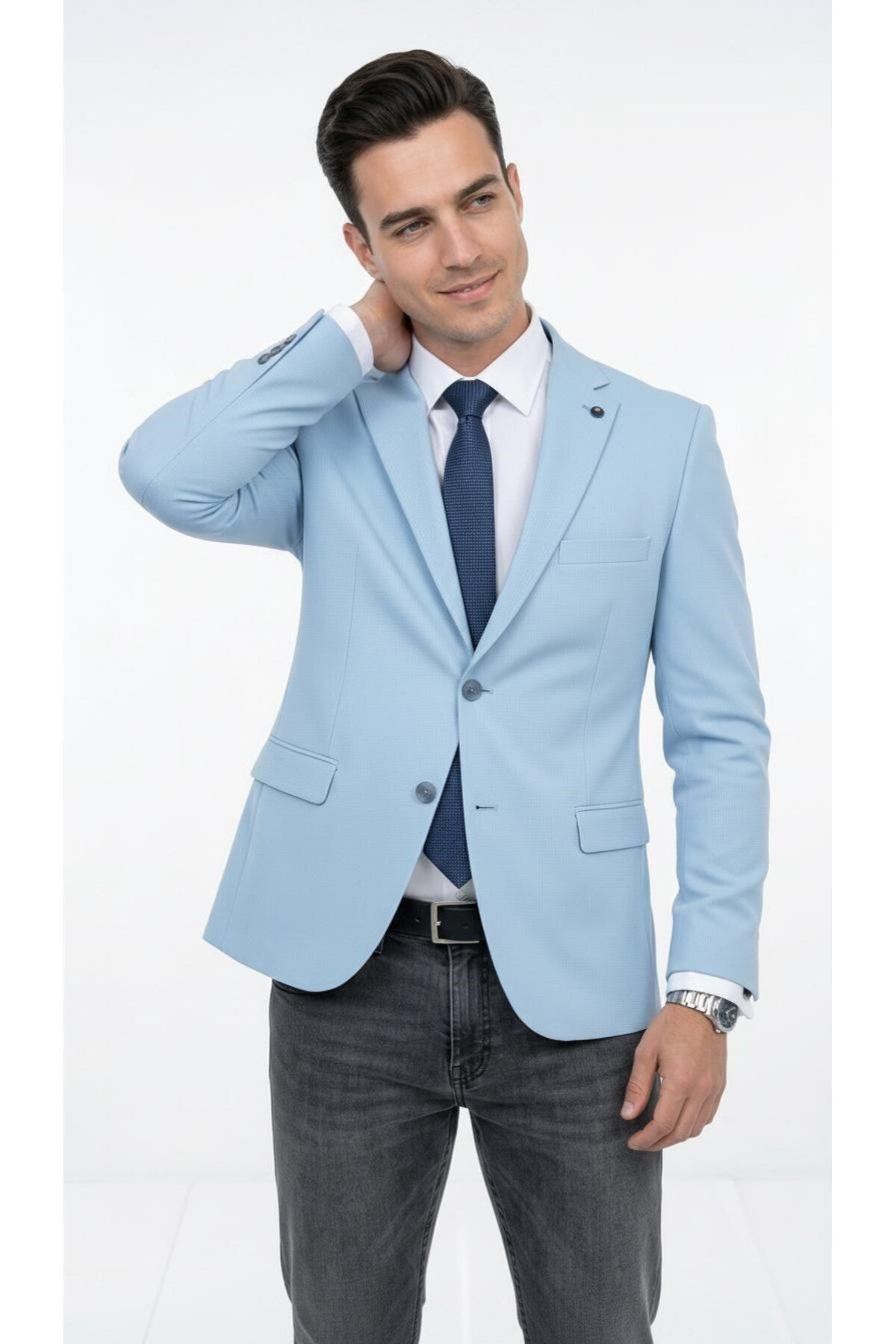 Slim Fit Mikro Desenli Erkek Ceket Yazlık Pike Kumaş Çift Yırtmaç Blazer - Mavi