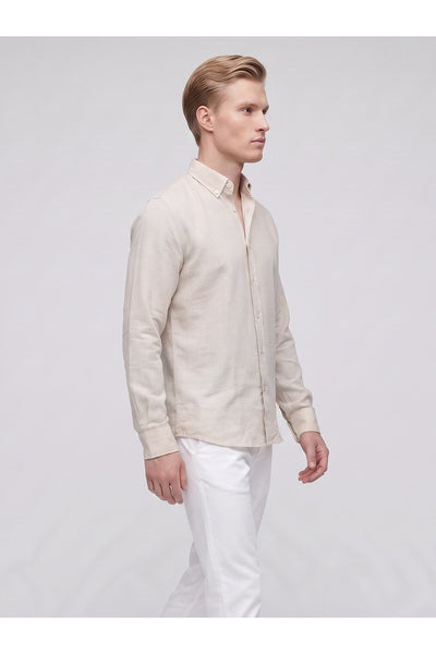 Erkek Keten Müslin Gömlek – Slim Fit Düğmeli Yaka Uzun Kollu Yazlık Gömlek - Bej