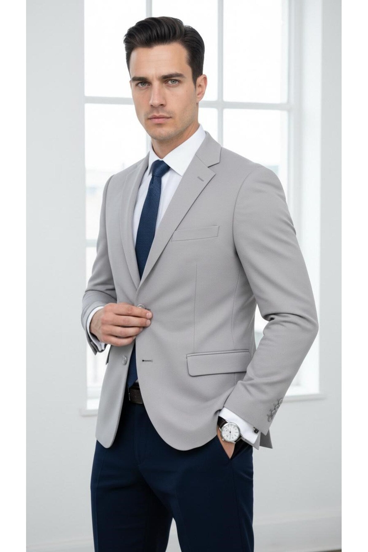 Slim Fit Mikro Desenli Erkek Ceket Yazlık Pike Kumaş Çift Yırtmaç Blazer - Gri