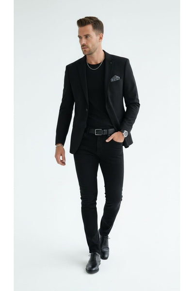 Erkek Mono Yaka Tek Düğmeli Çift Yırtmaçlı Blazer Ceket – Premium Dokuma Kumaş, 8 Renk - Siyah