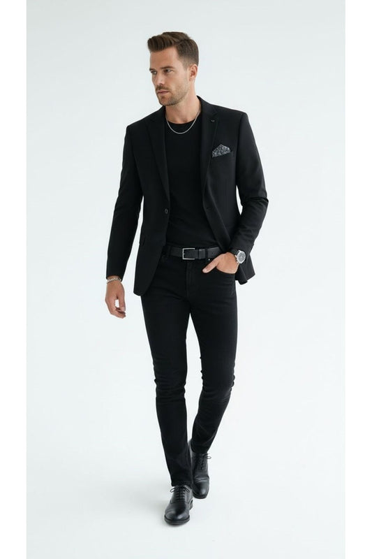 Erkek Mono Yaka Tek Düğmeli Çift Yırtmaçlı Blazer Ceket – Premium Dokuma Kumaş, 8 Renk - Siyah
