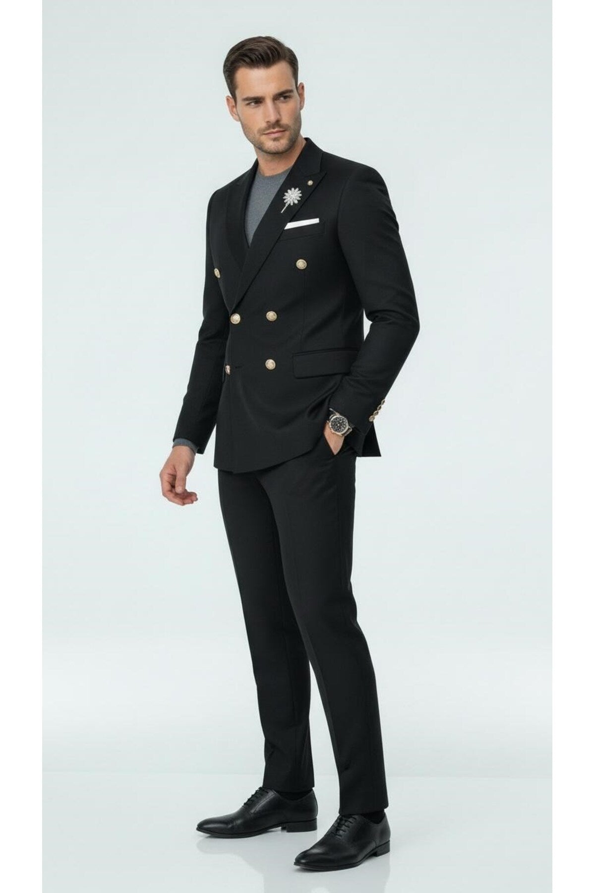 Erkek Kruvaze Gold Düğmeli Dokulu Likralı Kumaş Blazer Ceket – Modern Kesim Şık Tasarım - Siyah