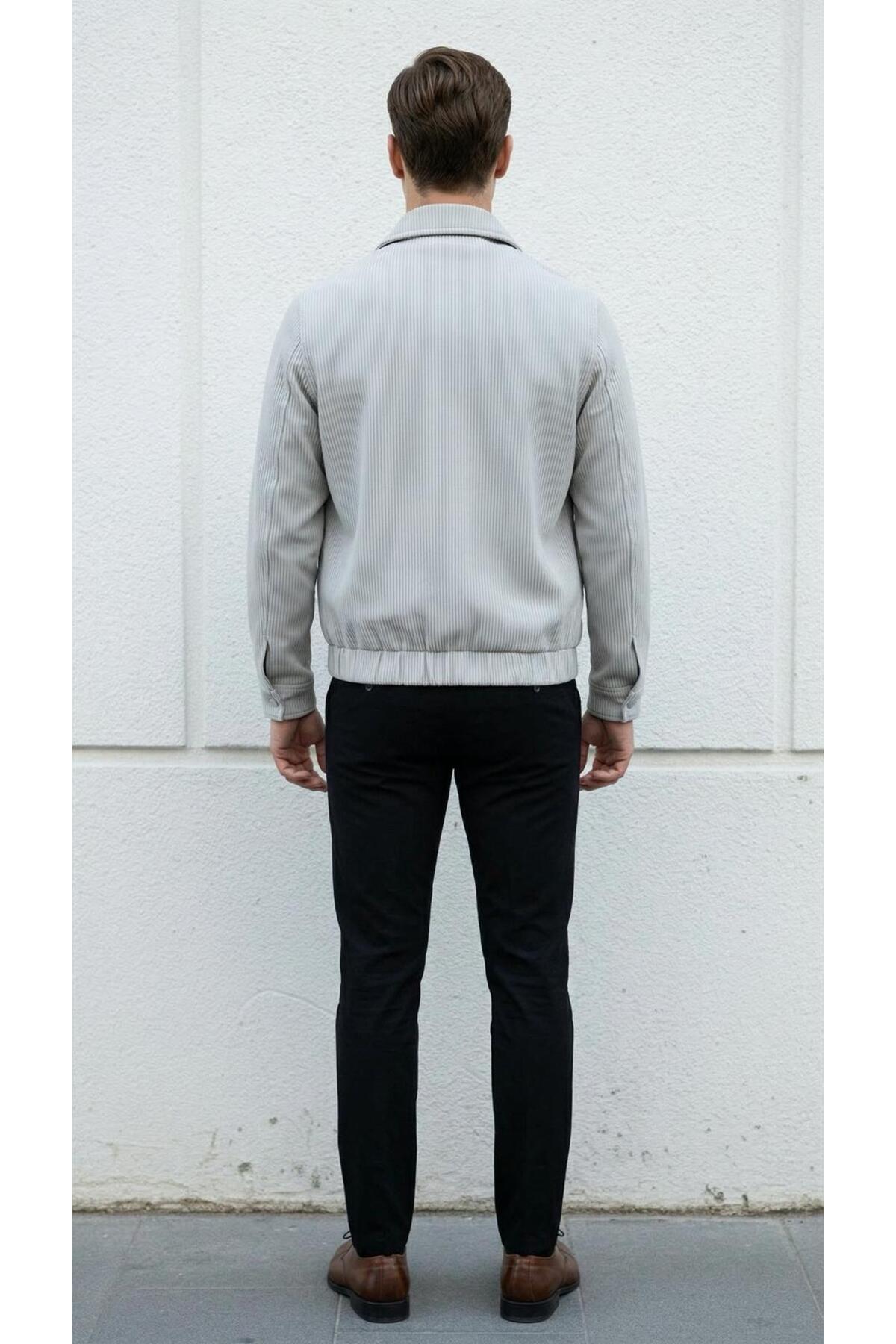 Slim Fit Fitilli Dokulu Erkek Fermuarlı Mont Ceket Günlük Şık Kombin - Gri