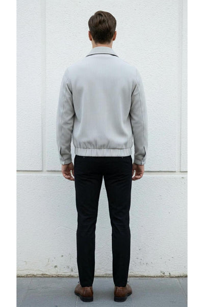 Slim Fit Fitilli Dokulu Erkek Fermuarlı Mont Ceket Günlük Şık Kombin - Gri