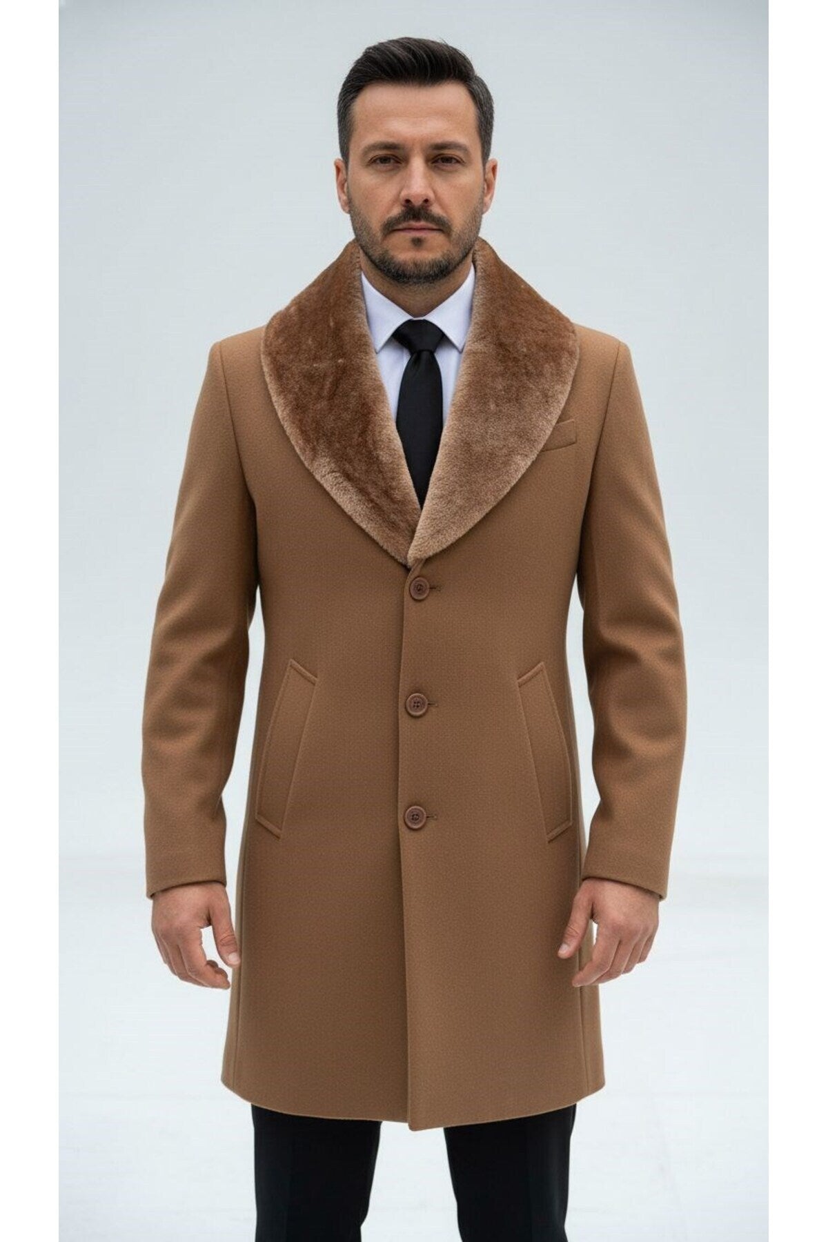 Erkek Uzun Kaşe Kaban – Çıkartılabilir Kürk Yaka, Astarlı ve Cepli Slim Fit Mont (Bej, - Beyaz