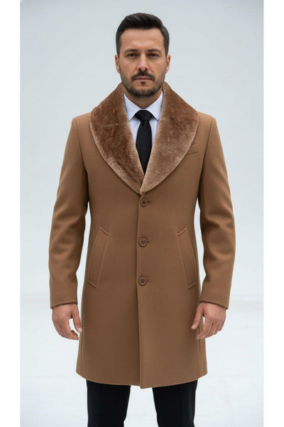 Erkek Uzun Kaşe Kaban – Çıkartılabilir Kürk Yaka, Astarlı ve Cepli Slim Fit Mont (Bej, - Beyaz