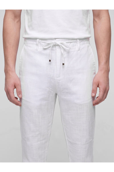Erkek Keten Pantolon – Bağcıklı Bel, Slim Fit Rahat Kesim Yazlık Pantolon - Beyaz
