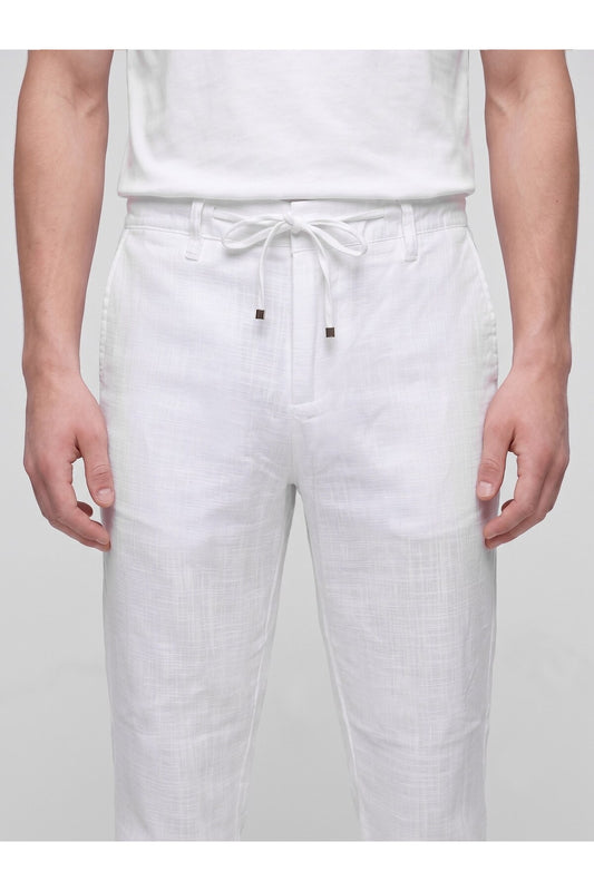 Erkek Keten Pantolon – Bağcıklı Bel, Slim Fit Rahat Kesim Yazlık Pantolon - Beyaz