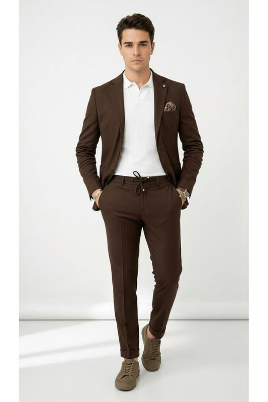 Pike Kumaş Jogger Pantolonlu Erkek Takım Elbise – Torba Cepli Tek Düğme Slim Fit Kombin - Kahverengi