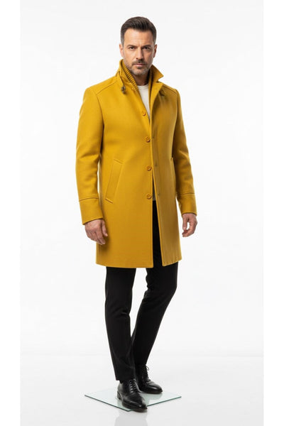 Erkek Slim Fit Kaşe Kaban – Çıkarılabilir Ribanalı Fermuarlı Yaka, S–XXL - Sarı