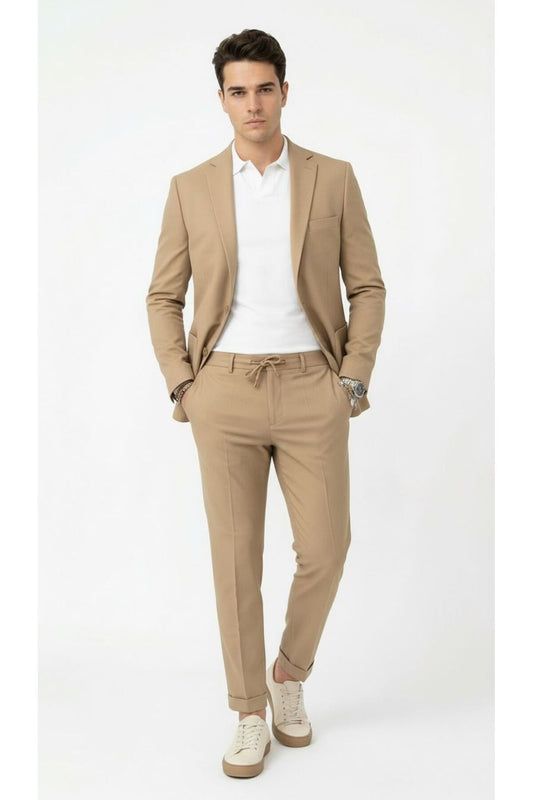Pike Kumaş Jogger Pantolonlu Erkek Takım Elbise – Torba Cepli Tek Düğme Slim Fit Kombin - Bej