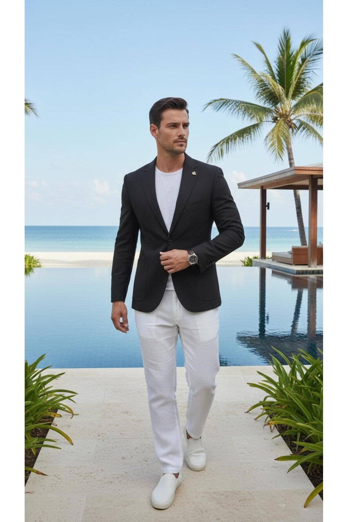 Erkek Slim Fit Blazer Ceket Tek Düğmeli Çift Yırtmaçlı Torba Cepli Yarım Astarlı - Siyah