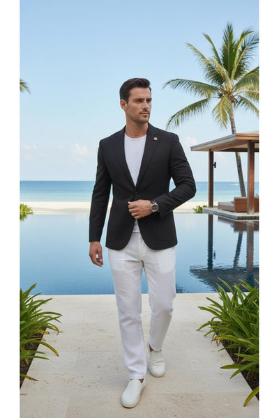 Erkek Slim Fit Blazer Ceket Tek Düğmeli Çift Yırtmaçlı Torba Cepli Yarım Astarlı - Siyah
