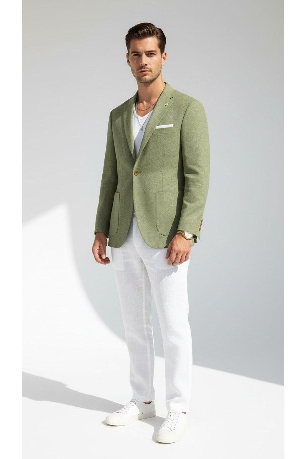 Erkek Slim Fit Blazer Ceket Tek Düğmeli Çift Yırtmaçlı Torba Cepli Yarım Astarlı - Haki