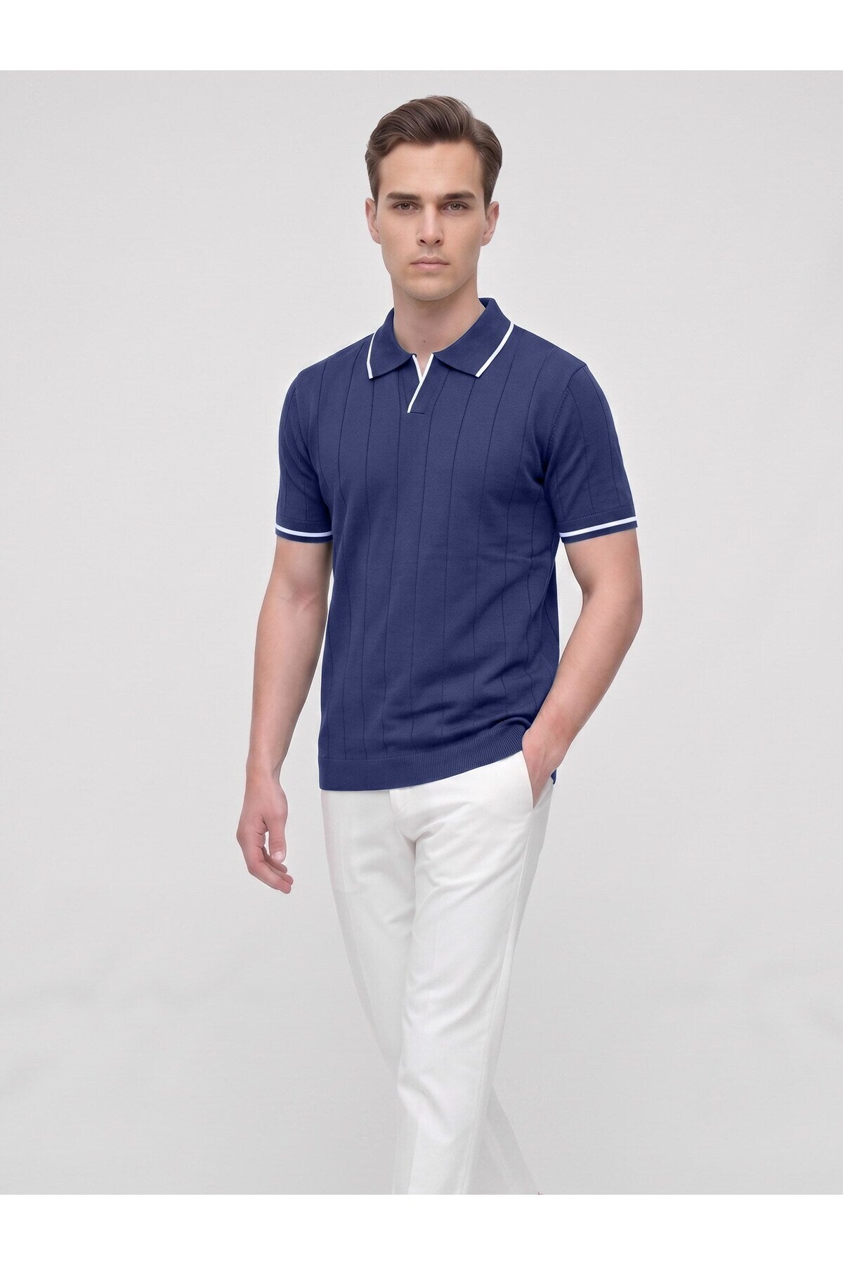 Erkek Polo Yaka Triko Kısa Kollu T-Shirt - Lacivert