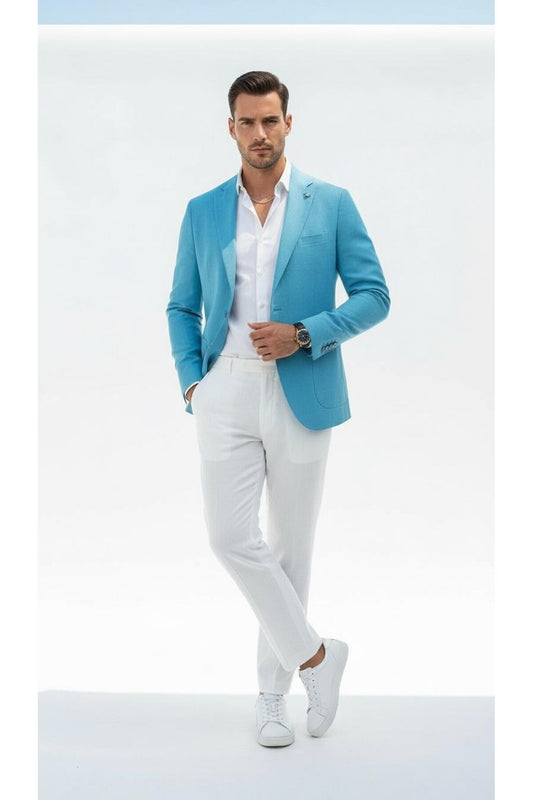 Erkek Slim Fit Blazer Ceket Tek Düğmeli Çift Yırtmaçlı Torba Cepli Yarım Astarlı - Turkuaz