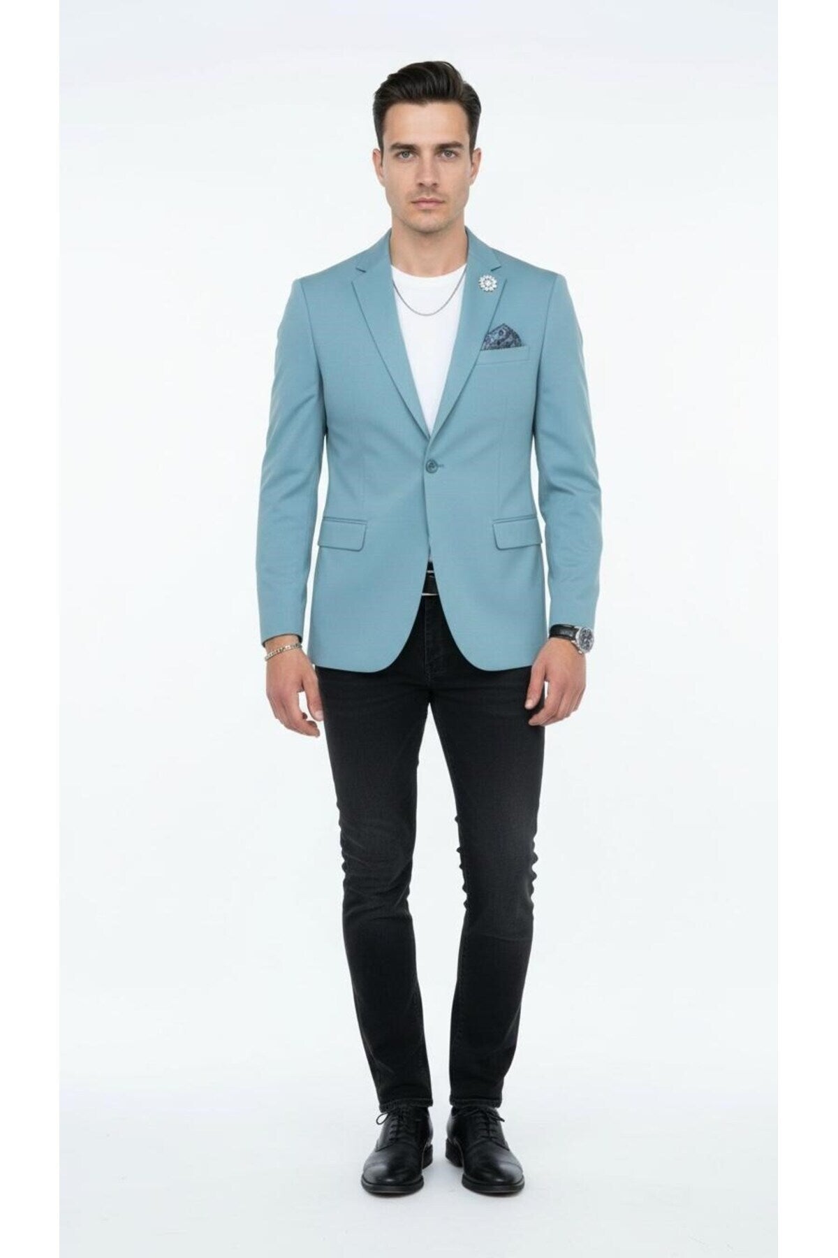 Erkek Mono Yaka Tek Düğmeli Çift Yırtmaçlı Blazer Ceket – Premium Dokuma Kumaş, 8 Renk - Turkuaz