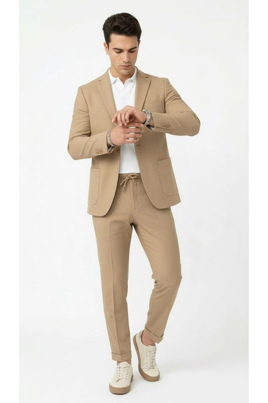 Pike Kumaş Jogger Pantolonlu Erkek Takım Elbise – Torba Cepli Tek Düğme Slim Fit Kombin - Bej