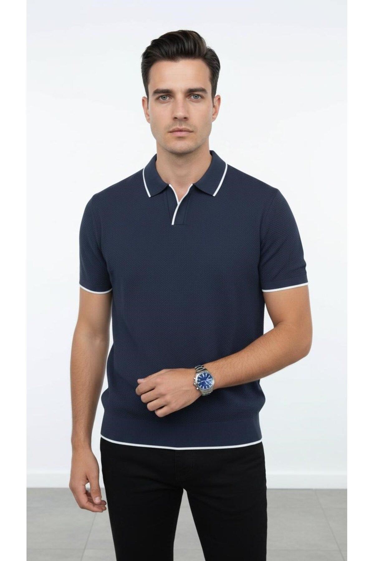 Erkek Pike Dokulu Triko Polo Yaka Tişört Slim Fit Şerit Detaylı Yazlık Model - Lacivert