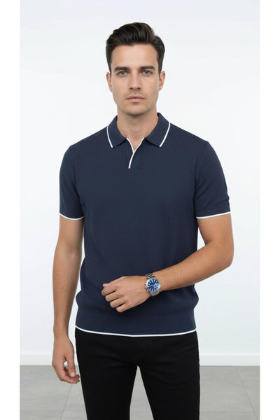 Erkek Pike Dokulu Triko Polo Yaka Tişört Slim Fit Şerit Detaylı Yazlık Model - Lacivert