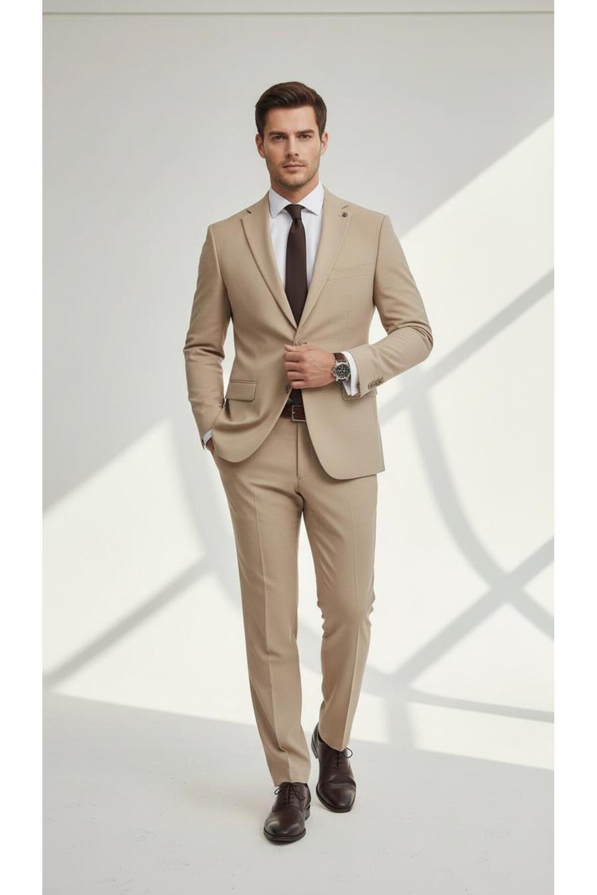 Erkek Slim Fit Mikro Desenli Takım Elbise 2 Düğmeli Çift Yırtmaçlı Modern Ceket Pantolon Takım - Bej