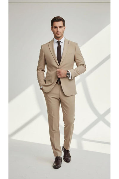 Erkek Slim Fit Mikro Desenli Takım Elbise 2 Düğmeli Çift Yırtmaçlı Modern Ceket Pantolon Takım - Bej