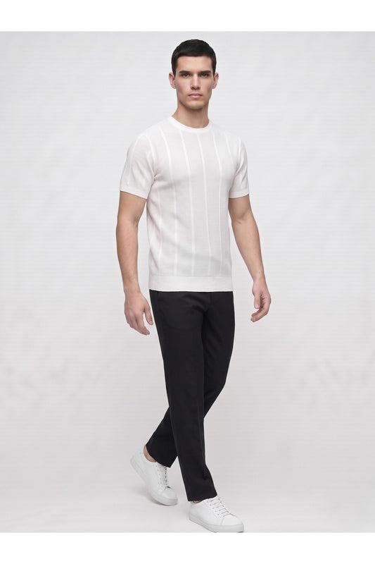Erkek Bisiklet Yaka Kısa Kollu Triko Tişört – Dokulu Örgü Modern Kesim Yazlık T-Shirt - Beyaz