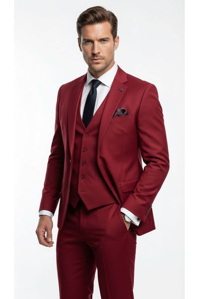 Erkek 3 Parça Slim Fit Takım Elbise –Klasik Likralı Kumaş, Tek Düğme, Çift Yırtmaçlı Modern Kesim ( - Bordo