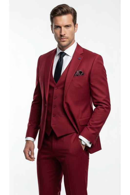Erkek 3 Parça Slim Fit Takım Elbise –Klasik Likralı Kumaş, Tek Düğme, Çift Yırtmaçlı Modern Kesim ( - Bordo