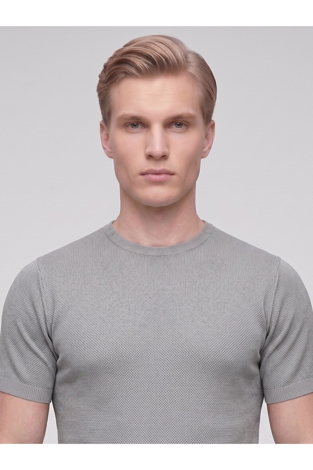 Erkek Bisiklet Yaka Kısa Kollu Triko Tişört – Slim Fit Modern Kesim Yazlık T-Shirt - Gri