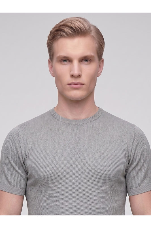 Erkek Bisiklet Yaka Kısa Kollu Triko Tişört – Slim Fit Modern Kesim Yazlık T-Shirt - Gri