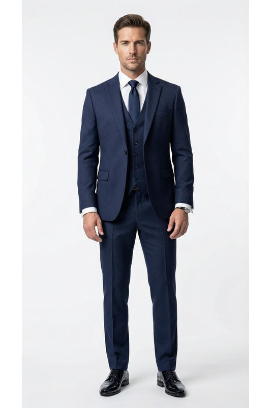 Erkek Klasik Slim Fit Armürlü Kumaş Tek Düğmeli Çift Yırtmaçlı Klasik Yaka Takım Elbise 7 Drop - Lacivert