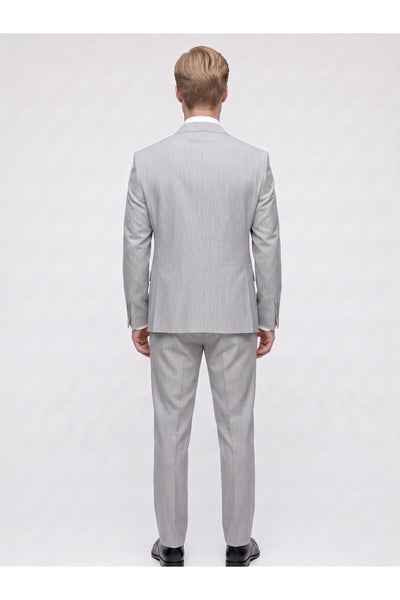 Erkek 3 Parça Slim Fit Çift Yırtmaçlı Takım Elbise Yelekli Şık Klasik Takım 6 Drop - Gri
