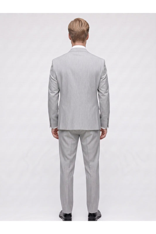 Erkek 3 Parça Slim Fit Çift Yırtmaçlı Takım Elbise Yelekli Şık Klasik Takım 6 Drop - Gri