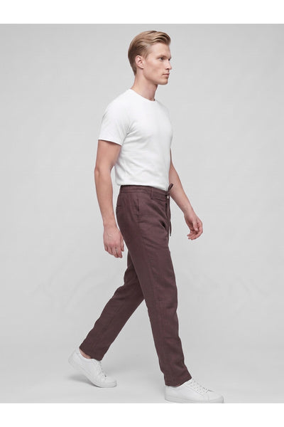 Erkek Keten Pantolon – Bağcıklı Bel, Slim Fit Rahat Kesim Yazlık Pantolon - Kahverengi
