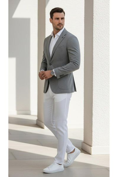 Erkek Slim Fit Blazer Ceket Tek Düğmeli Çift Yırtmaçlı Torba Cepli Yarım Astarlı - Gri