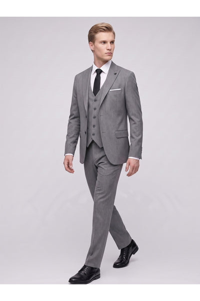 Erkek 3 Parça Slim Fit Çift Yırtmaçlı Takım Elbise Yelekli Şık Klasik Takım 6 Drop - Gri