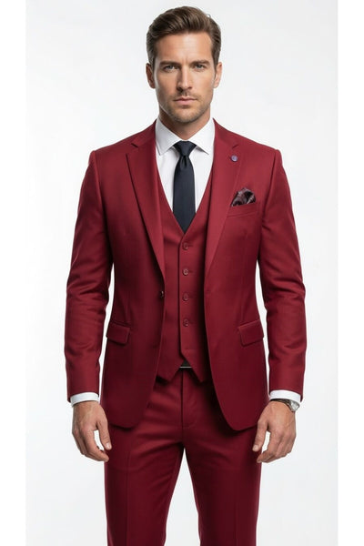 Erkek 3 Parça Slim Fit Takım Elbise –Klasik Likralı Kumaş, Tek Düğme, Çift Yırtmaçlı Modern Kesim ( - Bordo