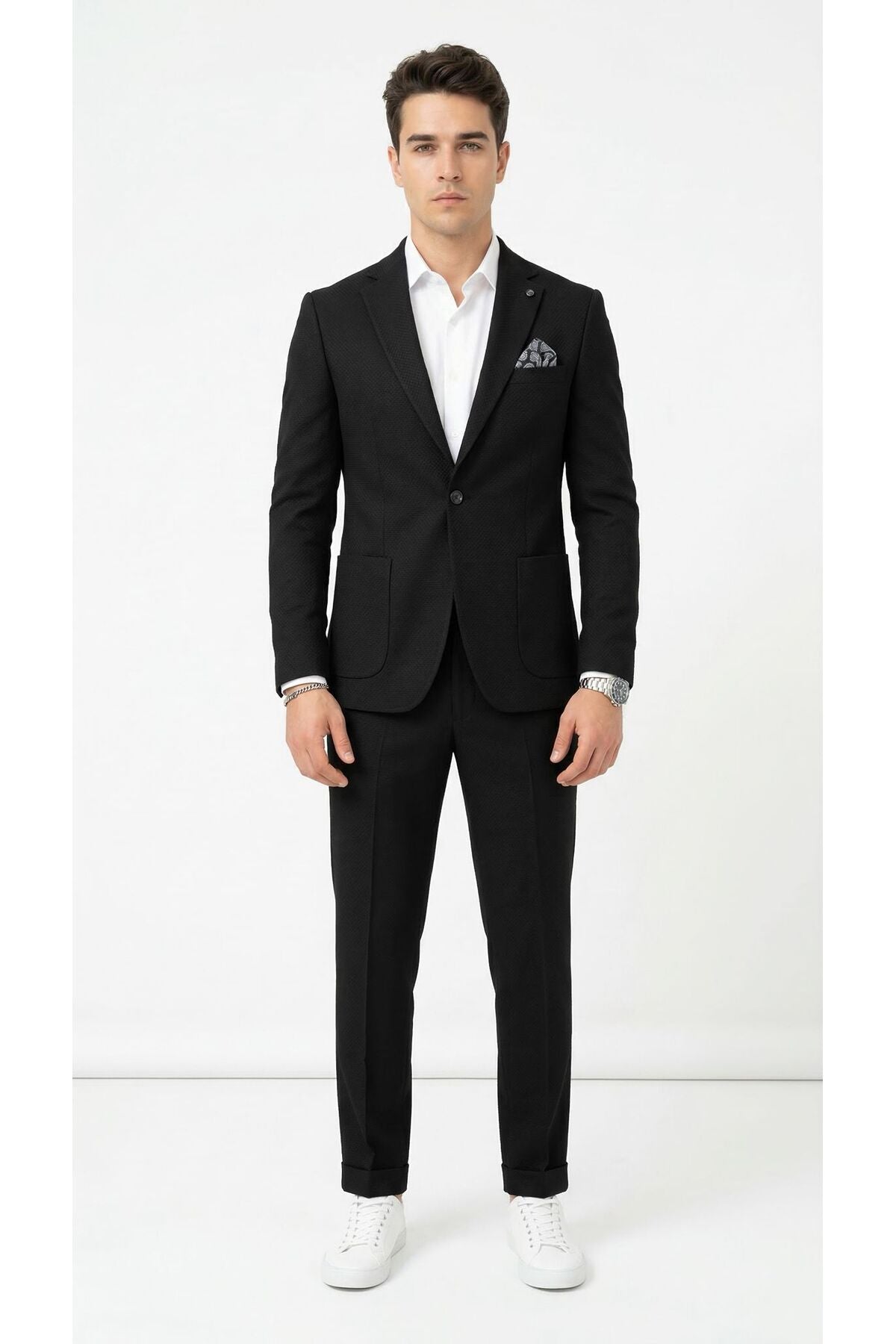 Pike Kumaş Jogger Pantolonlu Erkek Takım Elbise – Torba Cepli Tek Düğme Slim Fit Kombin - Siyah