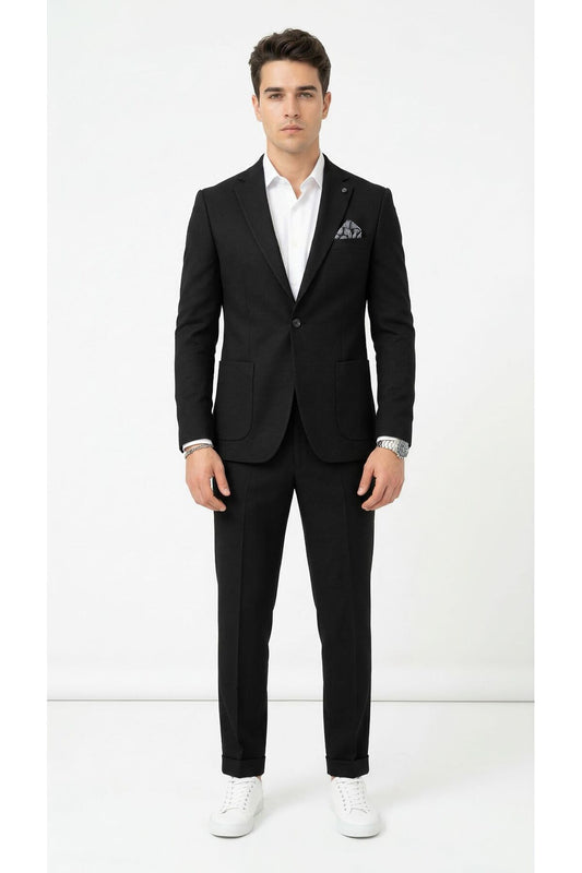 Pike Kumaş Jogger Pantolonlu Erkek Takım Elbise – Torba Cepli Tek Düğme Slim Fit Kombin - Siyah