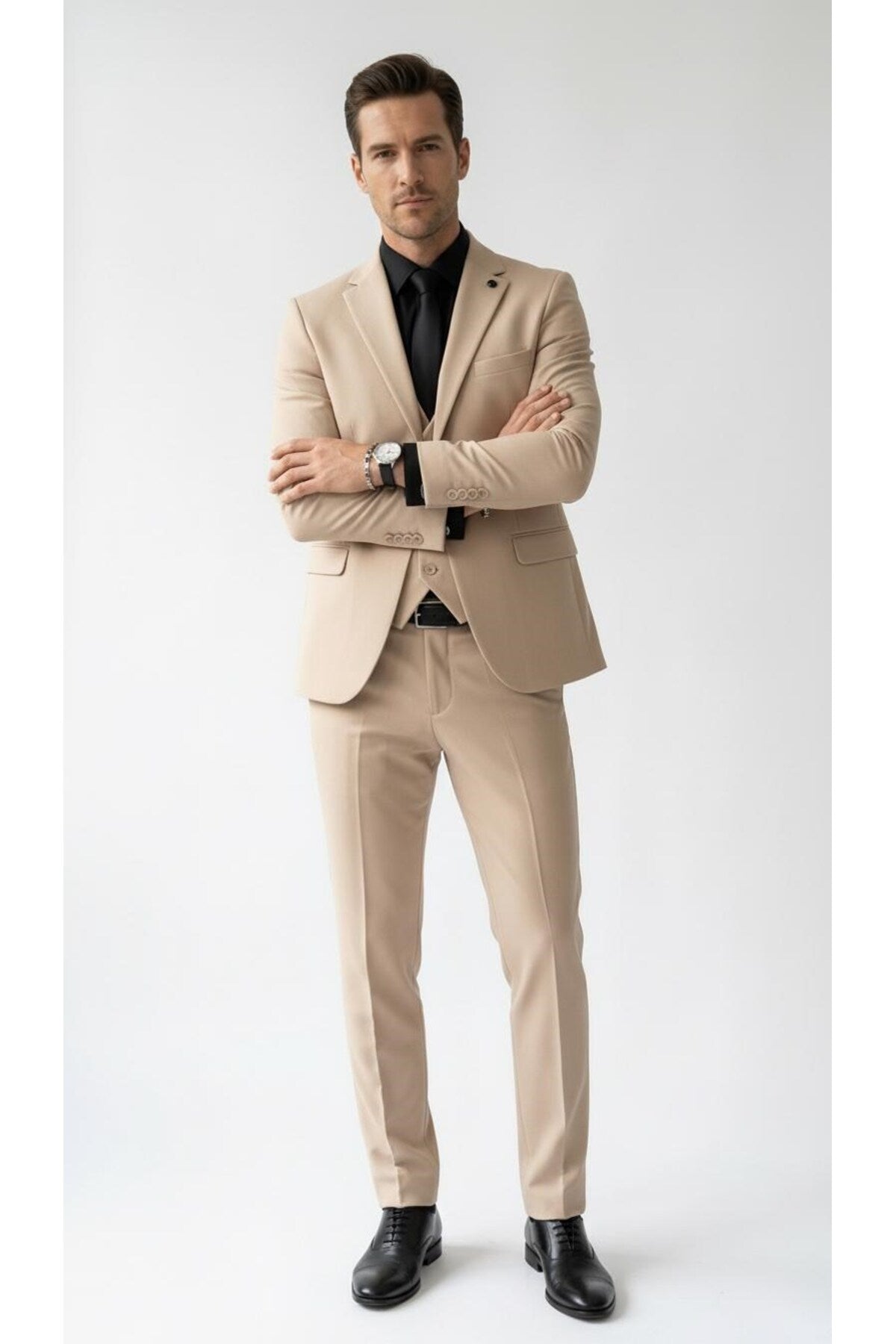 Erkek Klasik Slim Fit Armürlü Kumaş Tek Düğmeli Çift Yırtmaçlı Klasik Yaka Takım Elbise 7 Drop - Bej