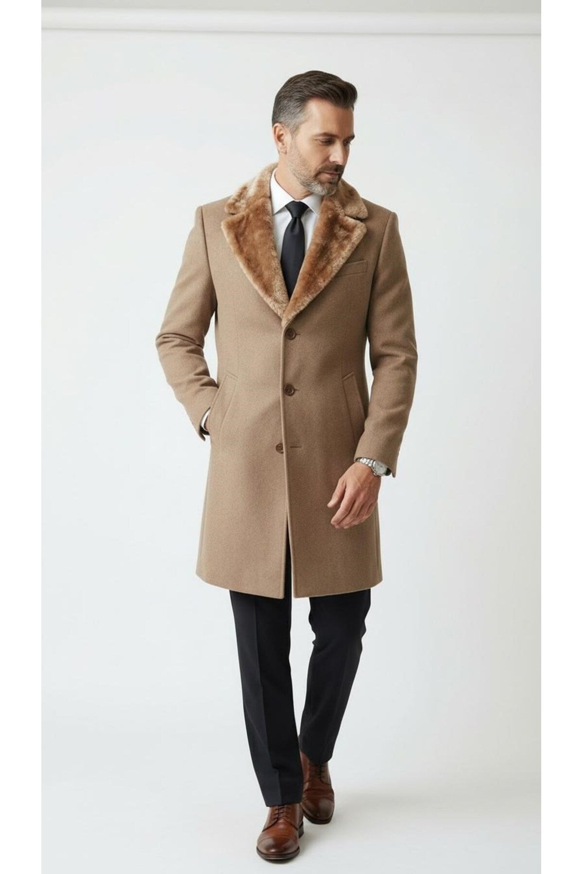 Erkek Uzun Kaşe Kaban Palto Mont– Çıkartılabilir Kürk Yaka, Astarlı ve Cepli Slim Fit - Bej